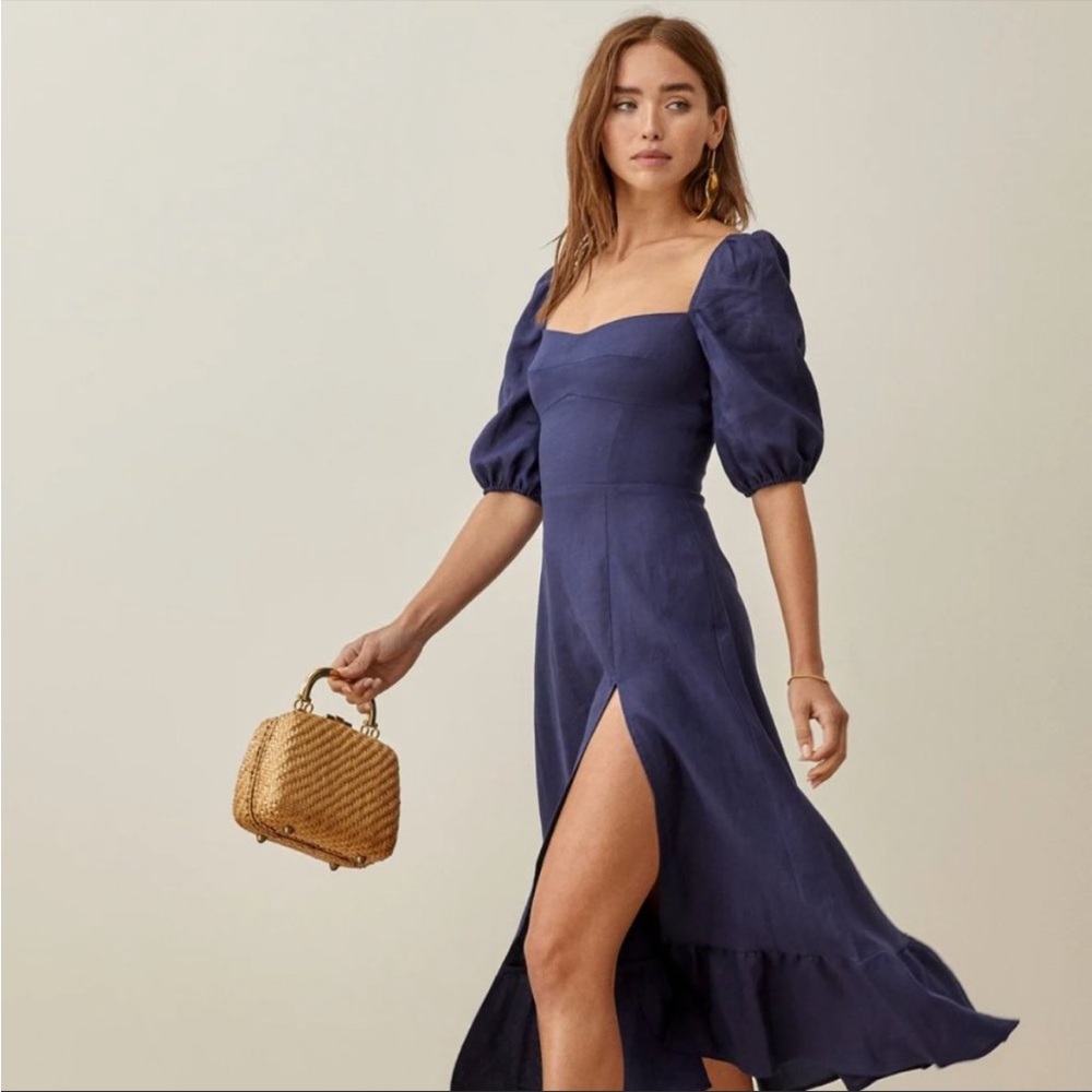 Reformation square neckline navy mini dress puff sleeve size 6
